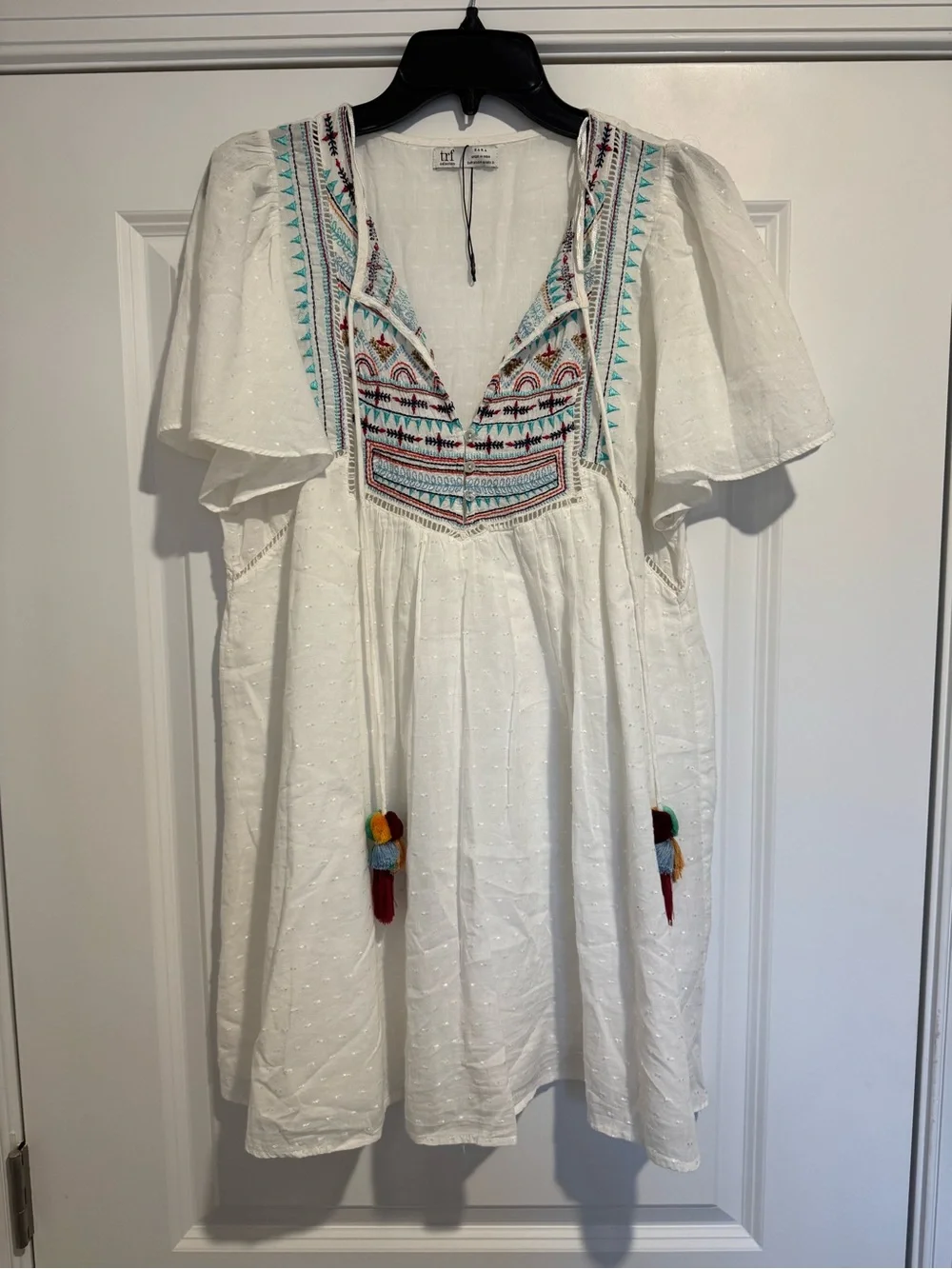 Zara TRF White Swiss Dot Embroidered Pom Pom Tassel Boho Tunic Dress M